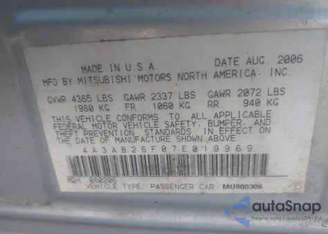 2007 Mitsubishi Galant De from USA, damaged, VIN 4A3AB26F07E019969